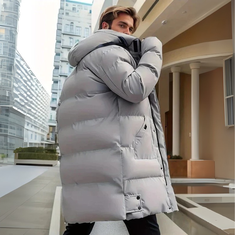 Herren Langer Wintermantel Mit Verstellbarer Kapuze Und Reißverschluss Design