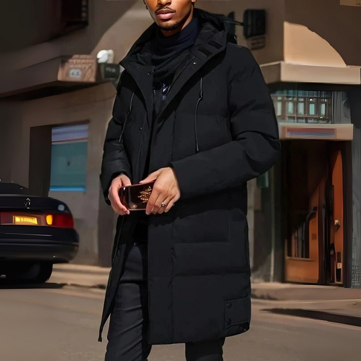 Herren Langer Wintermantel Mit Verstellbarer Kapuze Und Reißverschluss Design