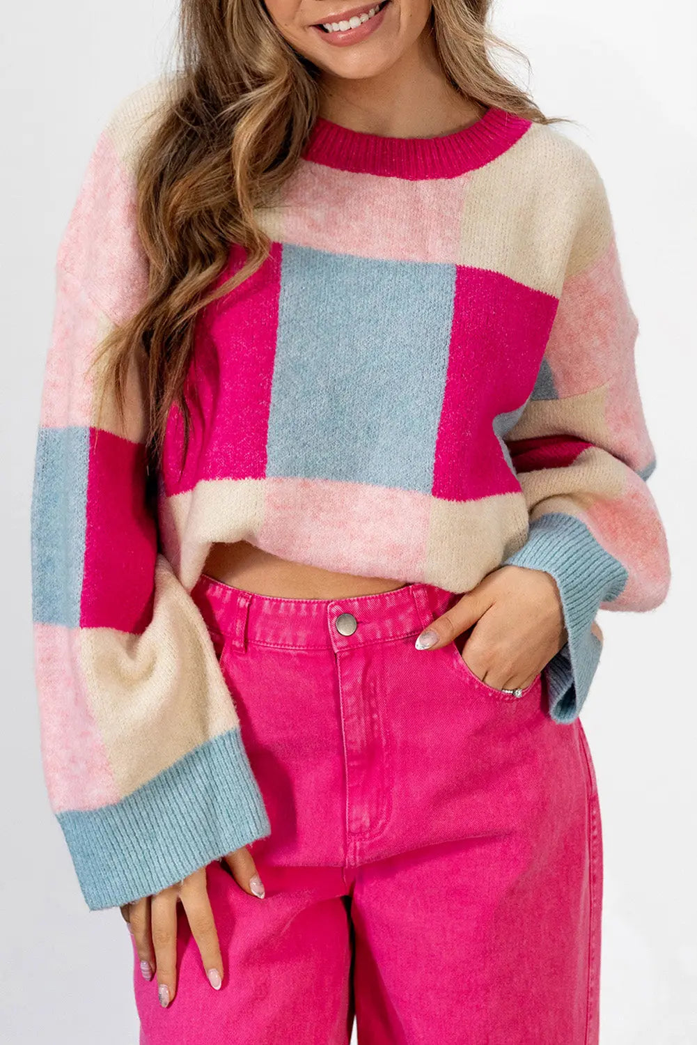 Lockerer Strickpullover mit Farbblock in Rosenrot Für Frauen Mivona