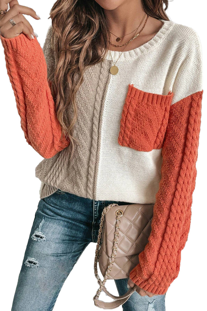 Goldfarbener Strickpullover Mit Farbblock Und Taschen Für Frauen Mivona