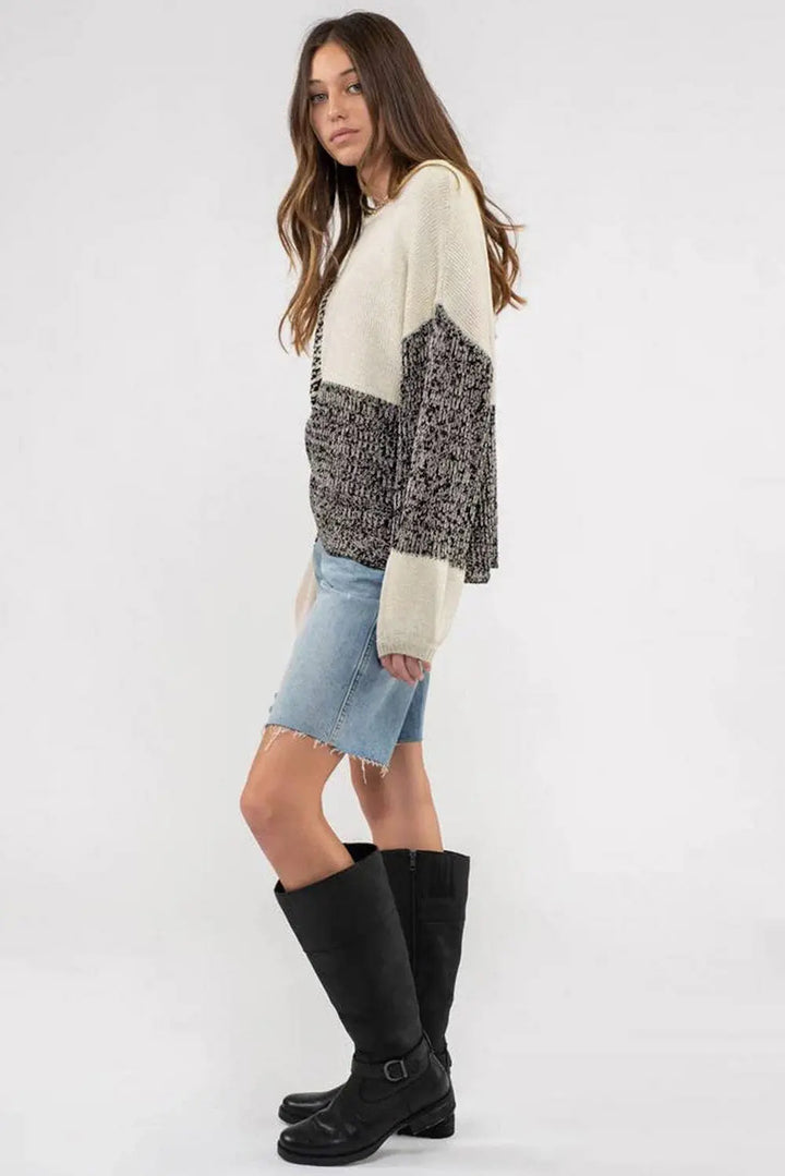 Schwarzer Colorblock-Pullover Mit Schleife Am Rücken Für Frauen Mivona