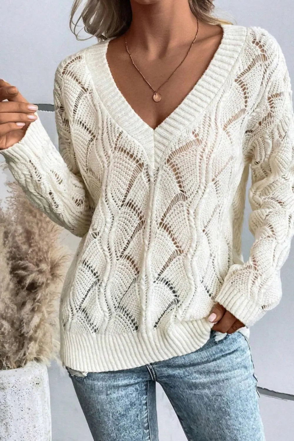 V-Ausschnitt-Strickpullover Mit Lochmuster Für Frauen Mivona