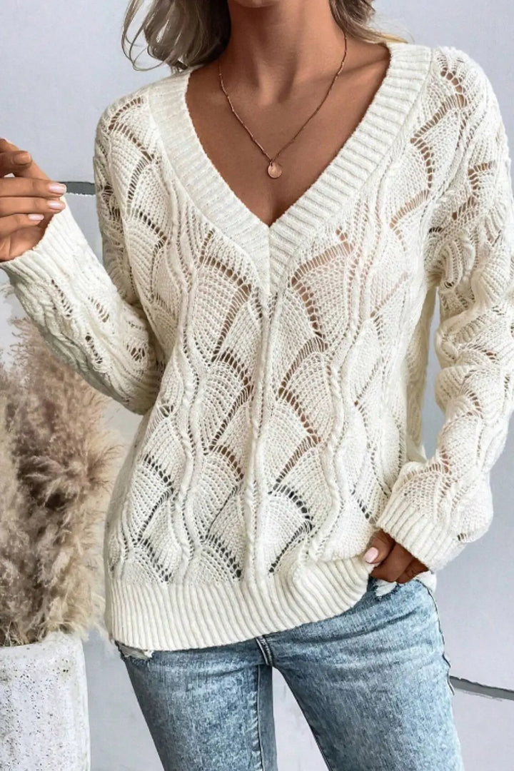 V-Ausschnitt-Strickpullover Mit Lochmuster Für Frauen Mivona