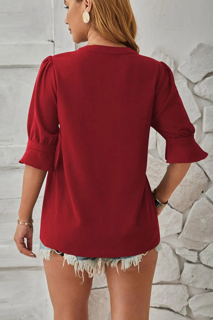 Schicke Bluse mit Halbarm und V Ausschnitt mit Schlitz Für Frauen Mivona