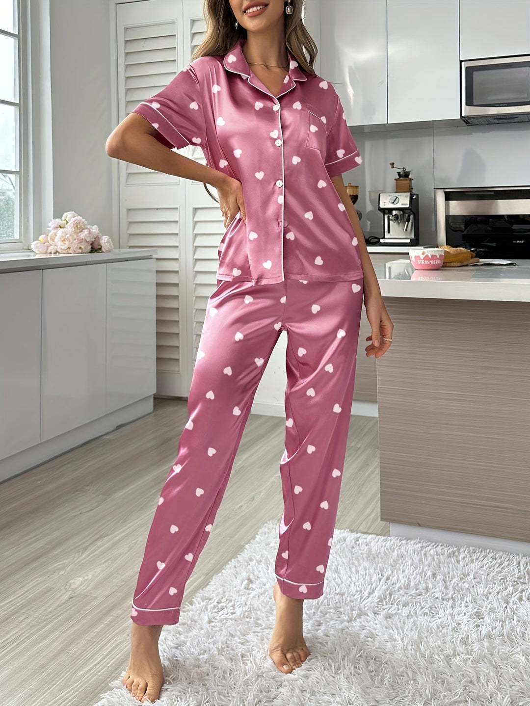 Satinschlafanzug Set mit Kurzarm und Elastischer Hose für Frauen