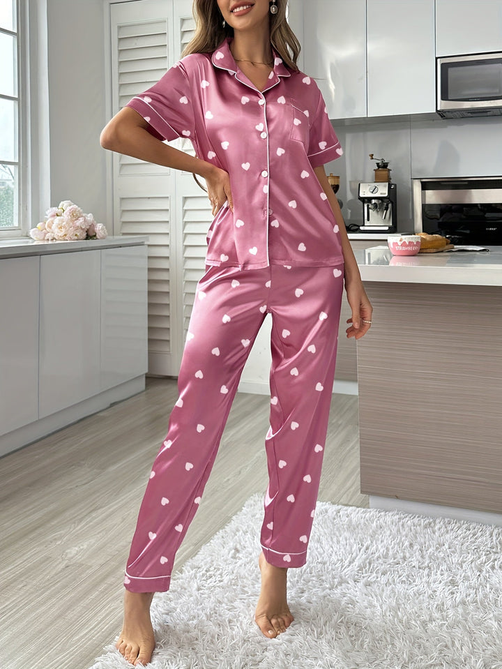Satinschlafanzug Set mit Kurzarm und Elastischer Hose für Frauen