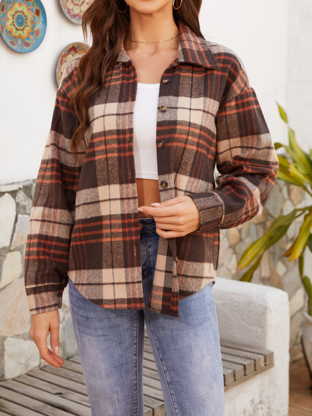 Herbst-Plaid-Mantel Mit Knopfleiste In Braun Für Frauen Mivona