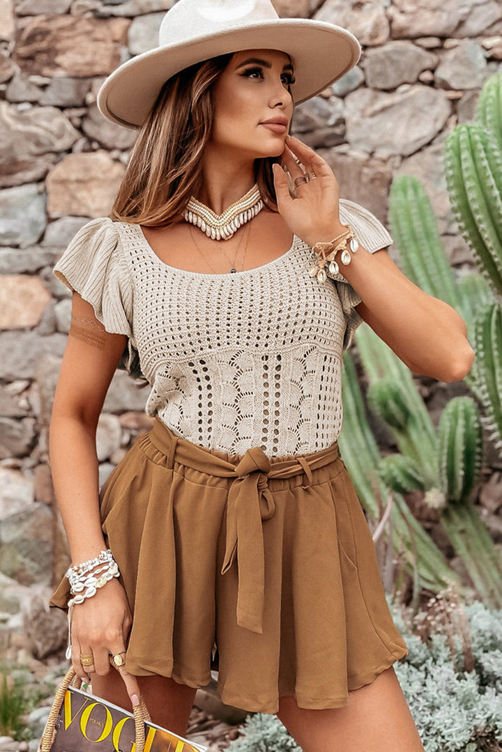 Beiges Pointelle-Stricktop mit Flügelärmeln Für Frauen Mivona