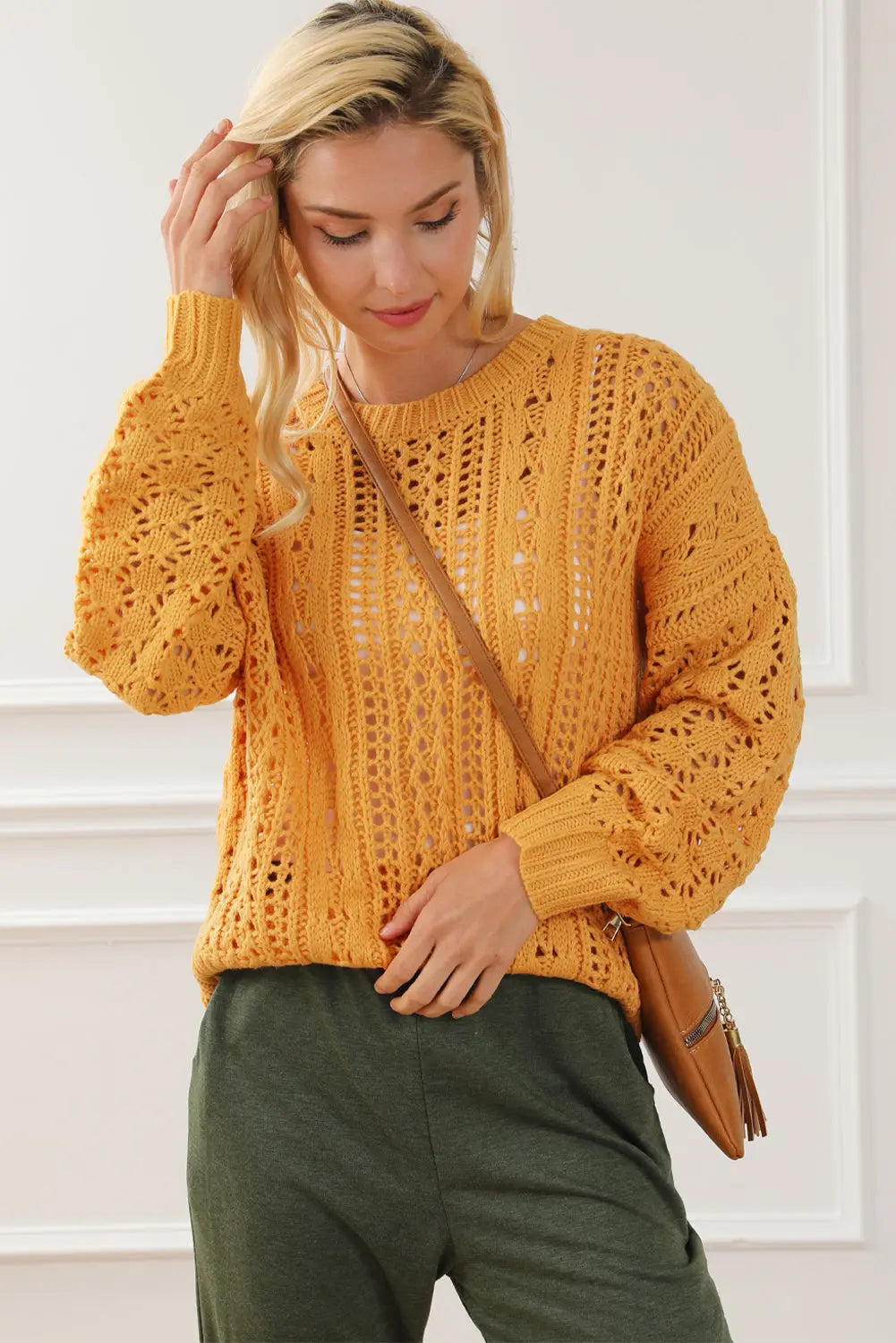 Ingwerfarbener Hohler Zopfmusterpullover Damenmode Für Frauen Mivona