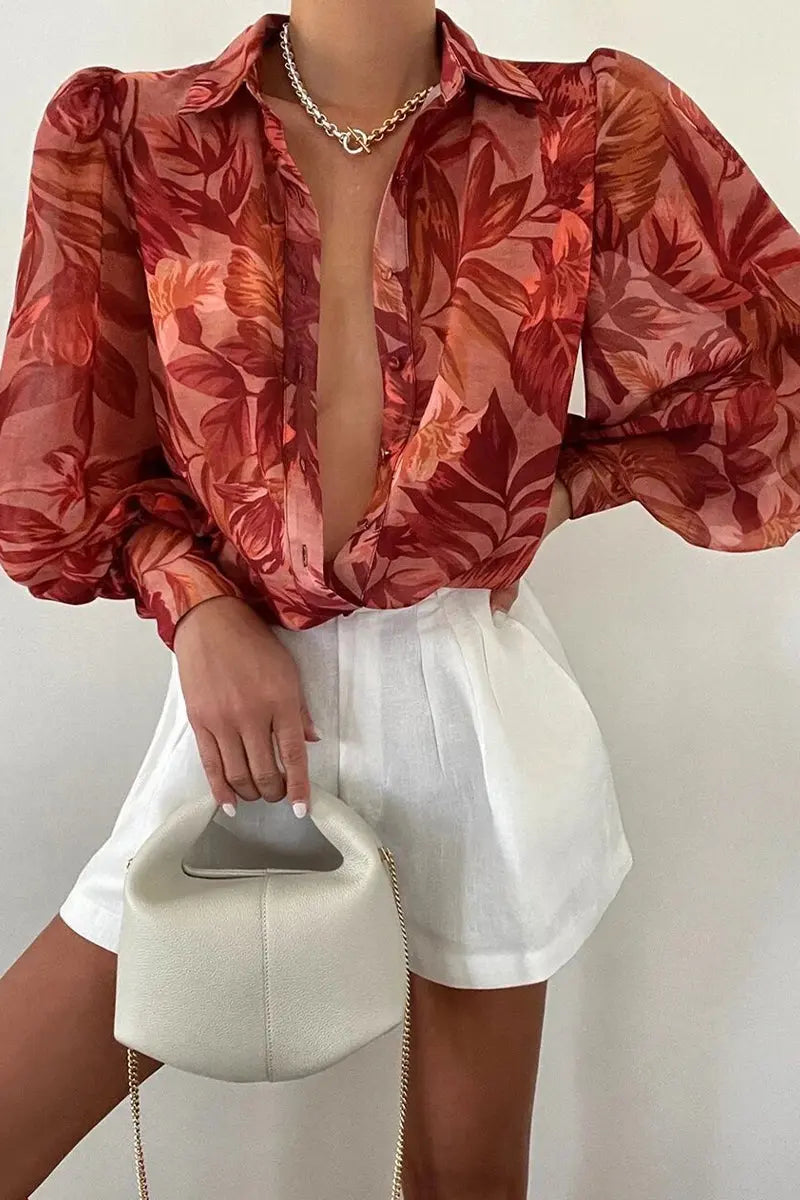 Bluse mit Blumenmuster und verstellbaren Ziehärmeln für Frauen Mivona