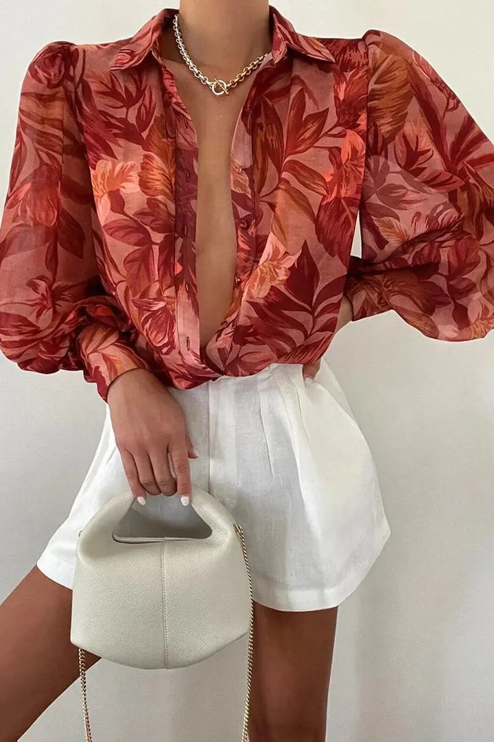 Bluse mit Blumenmuster und verstellbaren Ziehärmeln für Frauen Mivona