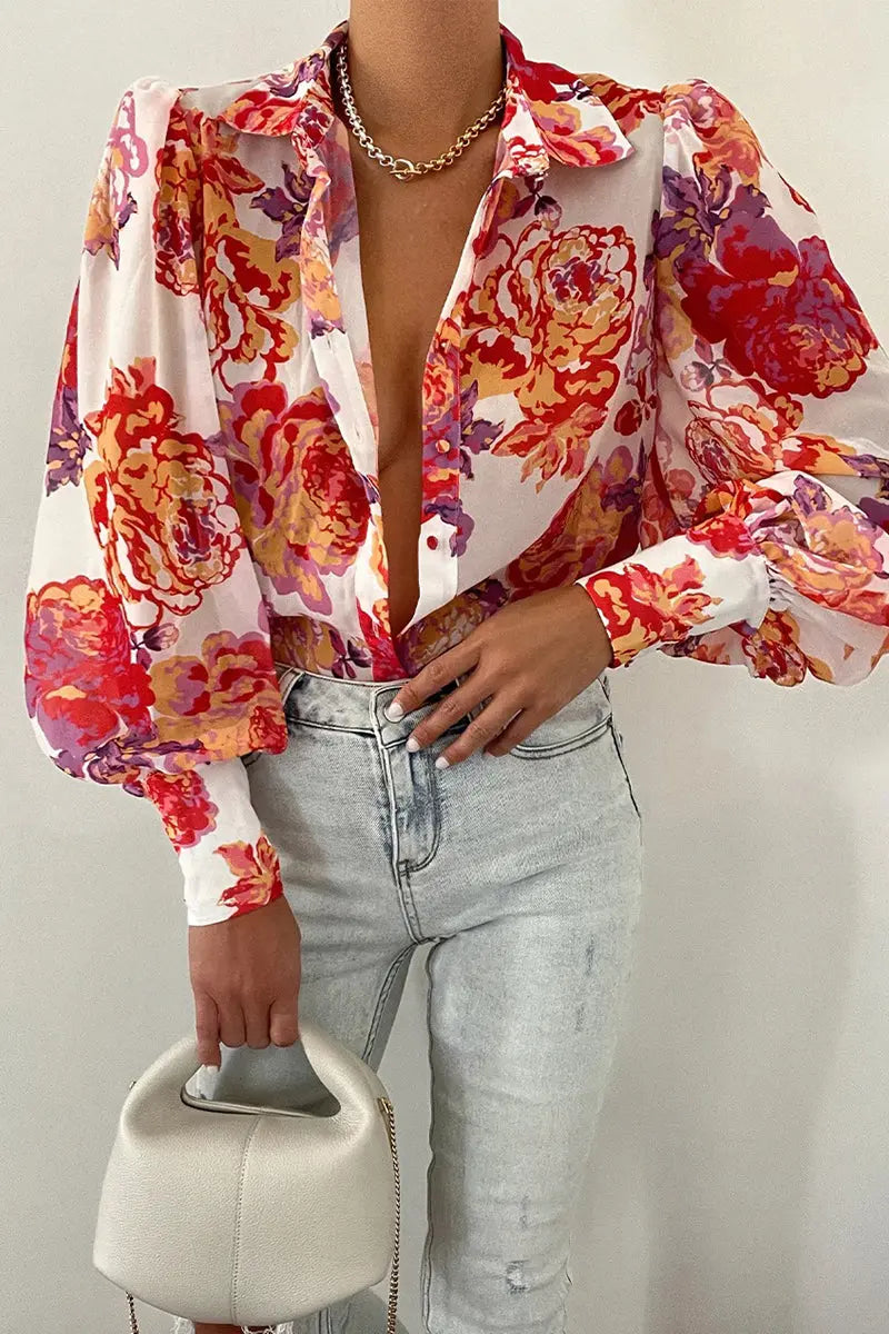 Bluse mit Blumenmuster und verstellbaren Ziehärmeln für Frauen Mivona