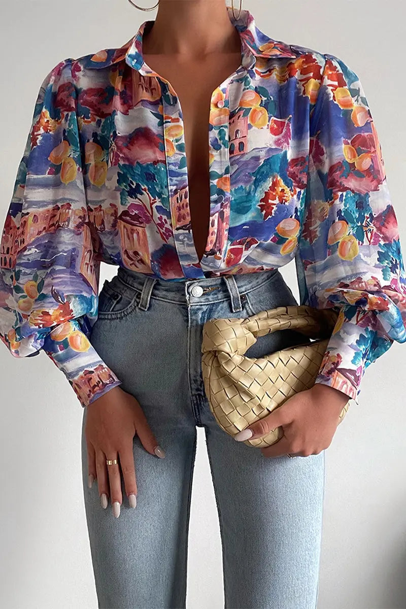 Bluse mit Blumenmuster und verstellbaren Ziehärmeln für Frauen Mivona