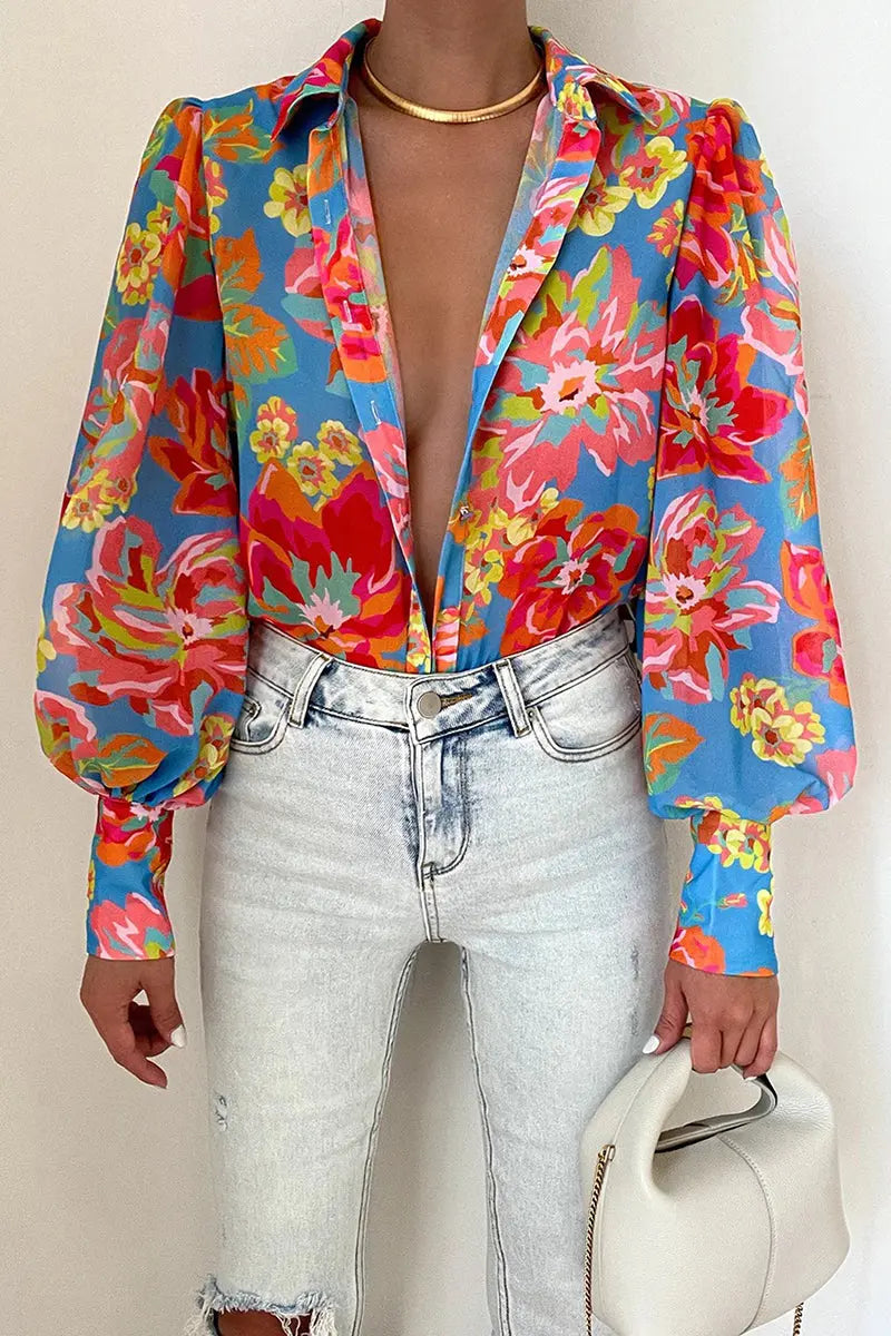 Bluse mit Blumenmuster und verstellbaren Ziehärmeln für Frauen Mivona