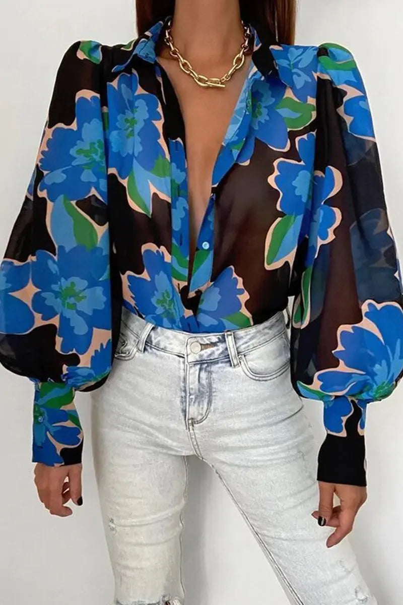 Bluse mit Blumenmuster und verstellbaren Ziehärmeln für Frauen Mivona