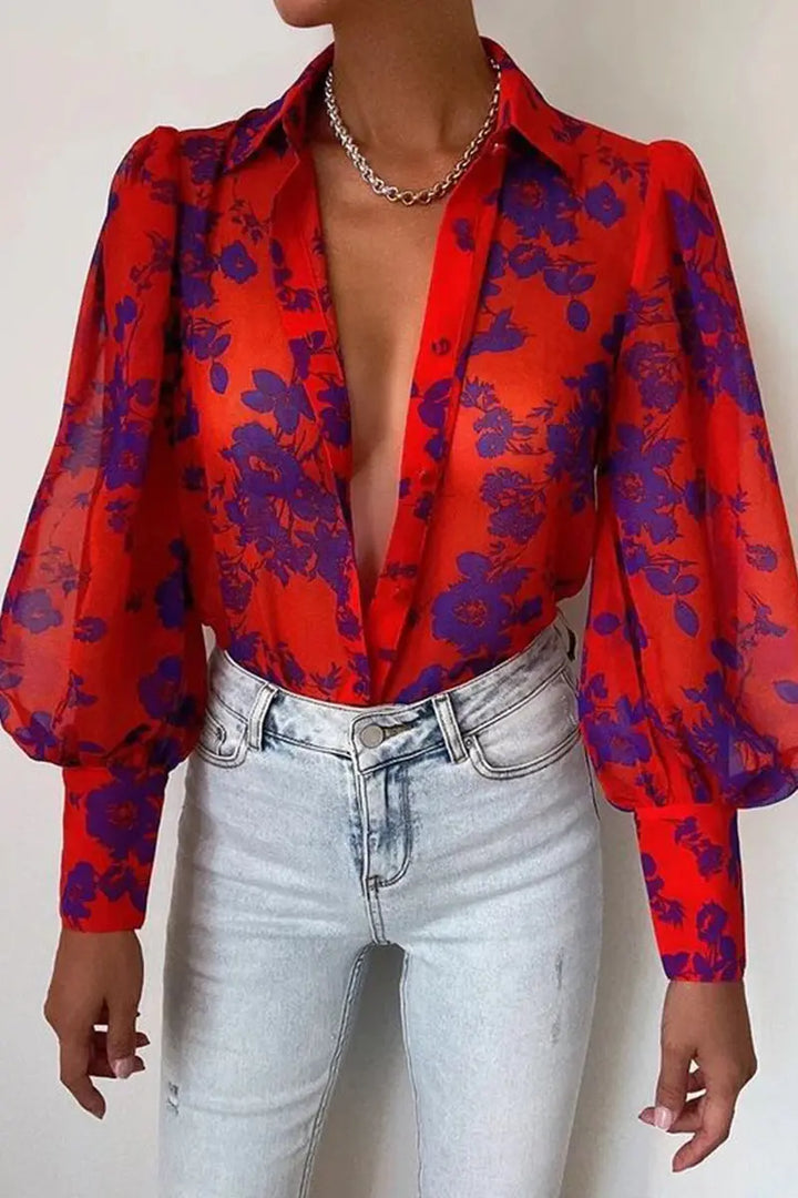 Bluse mit Blumenmuster und verstellbaren Ziehärmeln für Frauen Mivona
