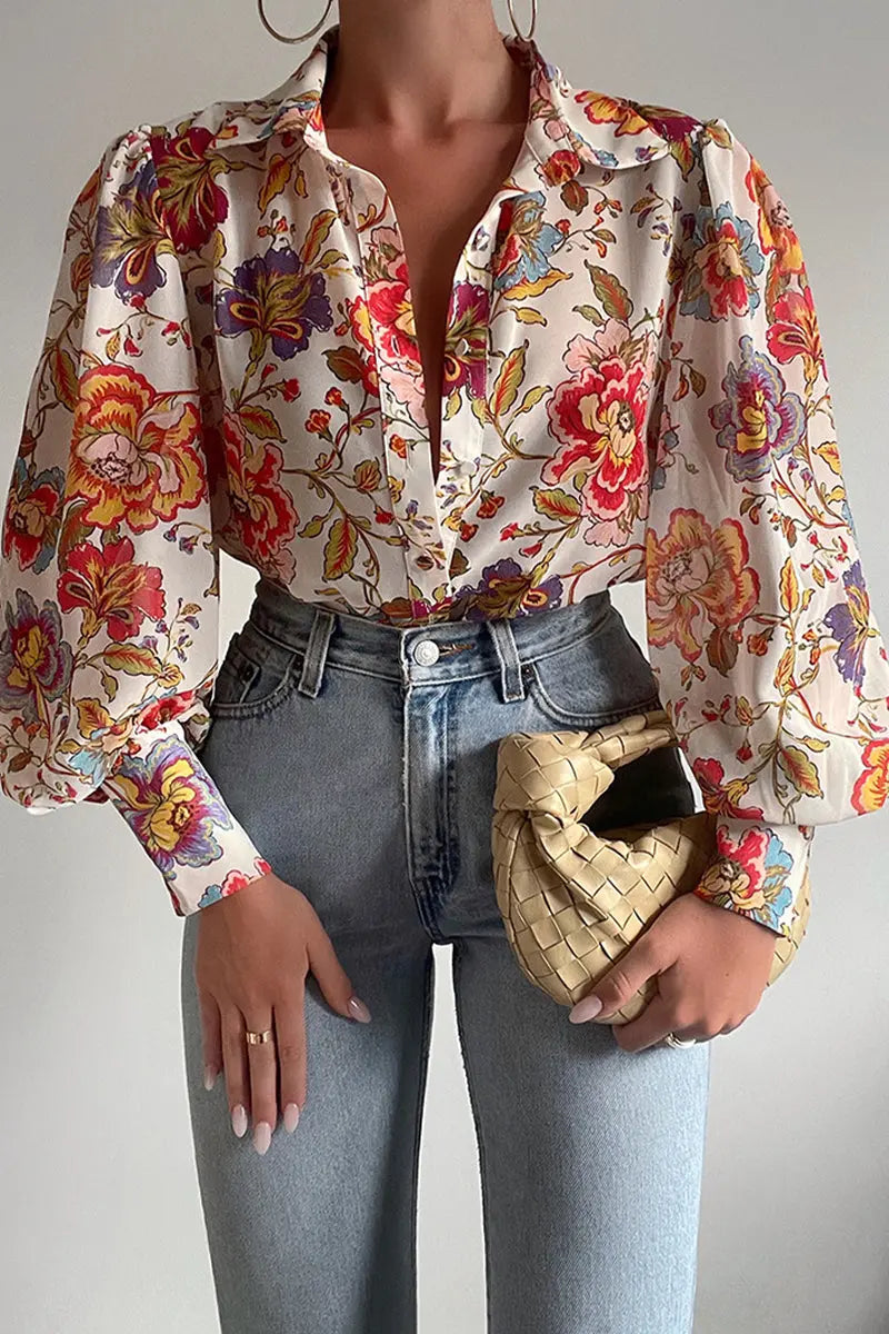 Bluse mit Blumenmuster und verstellbaren Ziehärmeln für Frauen Mivona