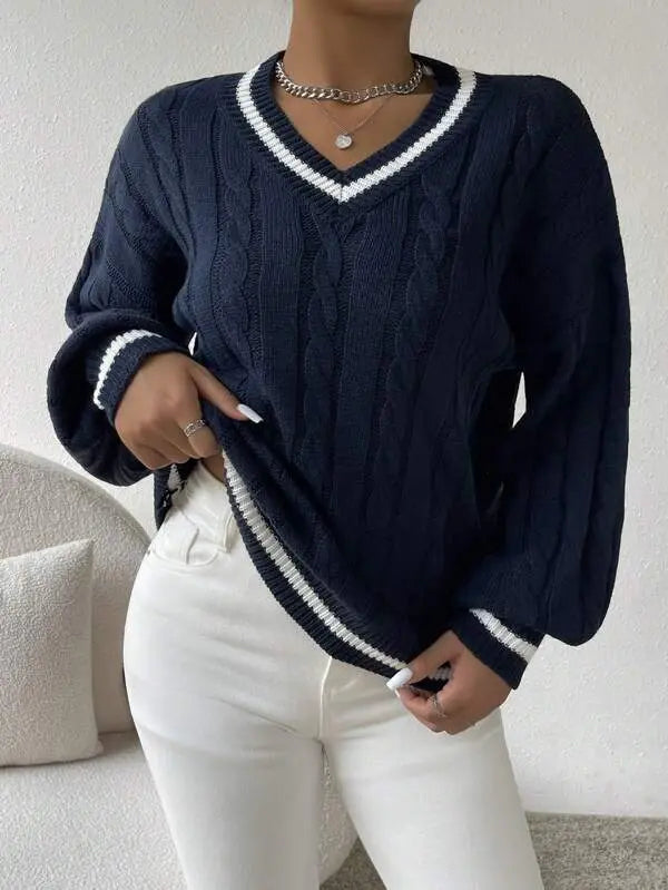 Gemütlicher gestreifter Zopfmuster-Pullover Für Frauen Mivona