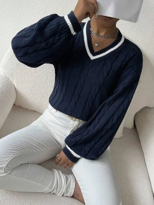 Gemütlicher gestreifter Zopfmuster-Pullover Für Frauen Mivona