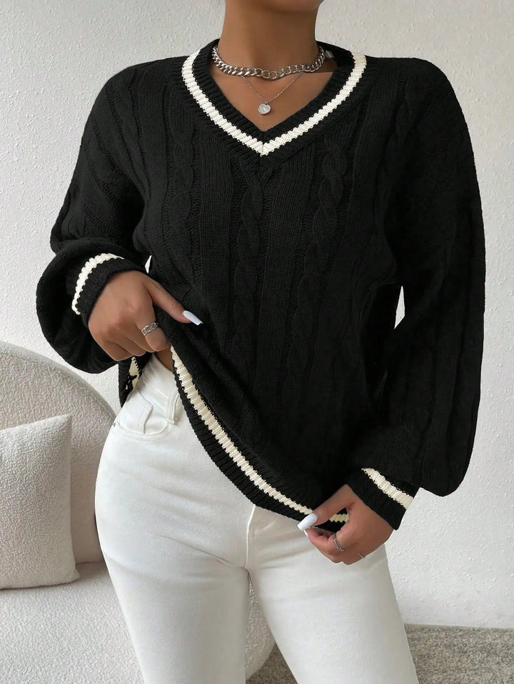 Gemütlicher gestreifter Zopfmuster-Pullover Für Frauen Mivona