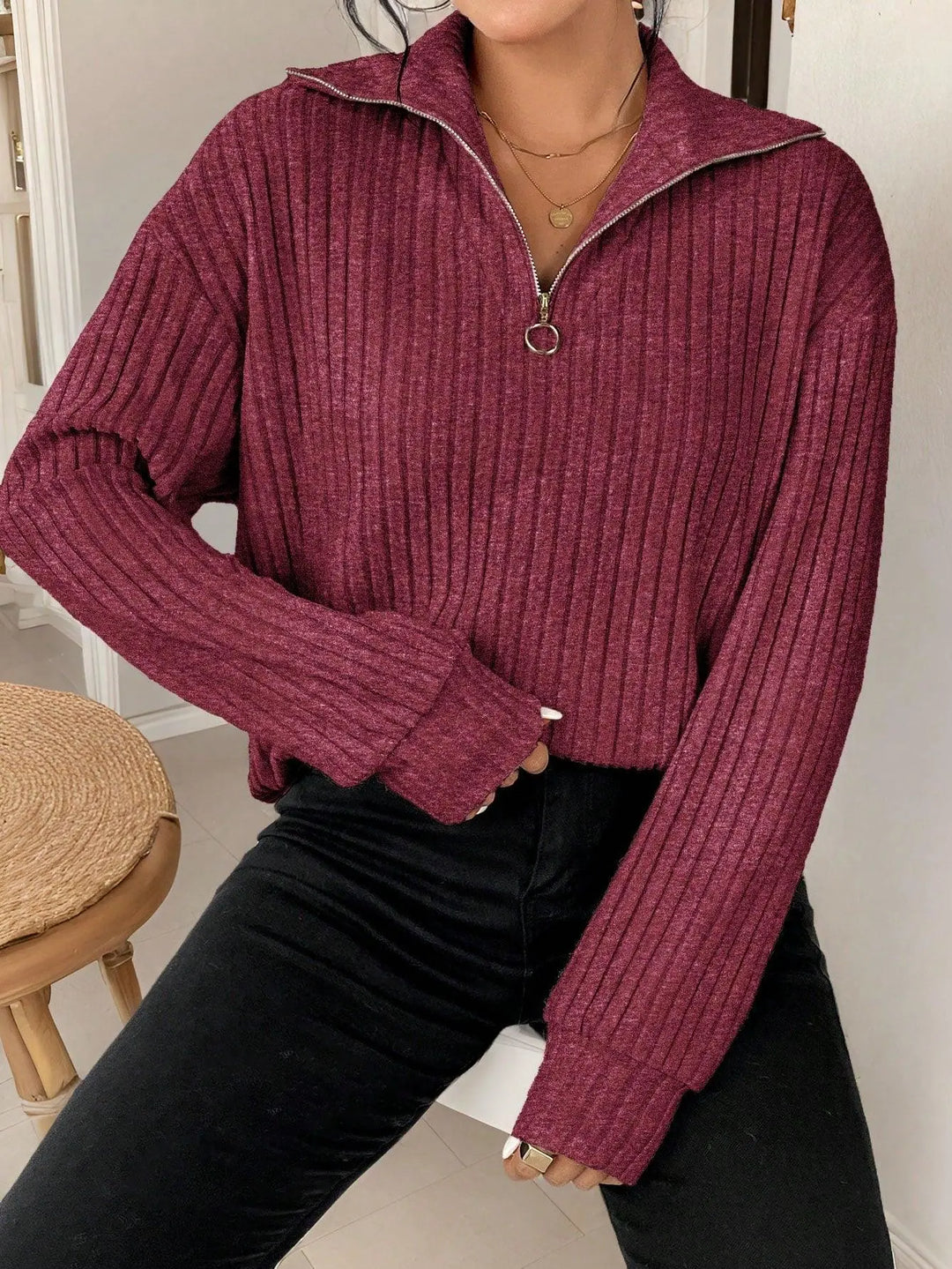 Gerippter Quarter Zip Pullover mit mühelosem Stil für Damen Mivona
