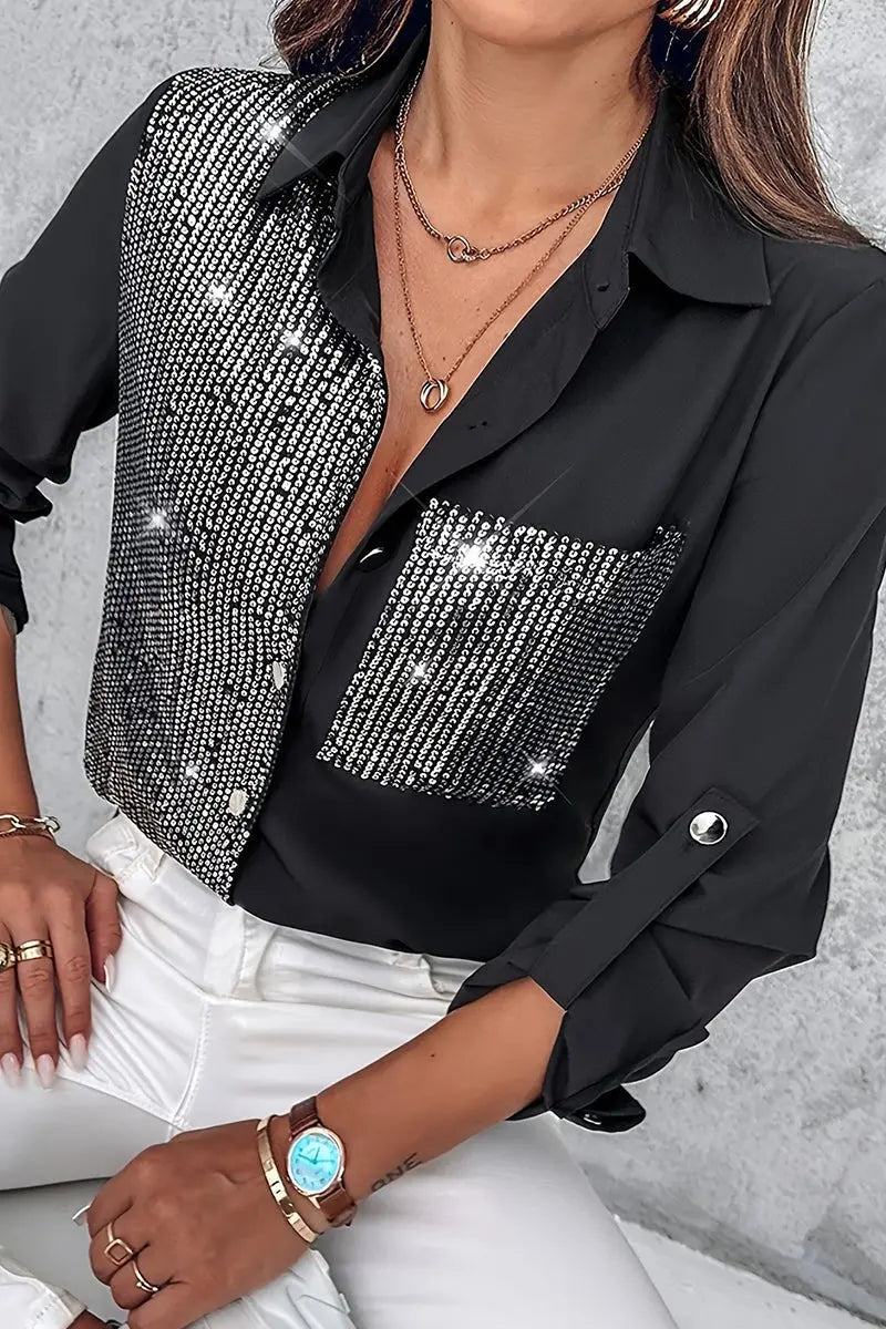 Legere Bluse mit Pailletten-Tasche und Kontrast-Design für Frauen Mivona