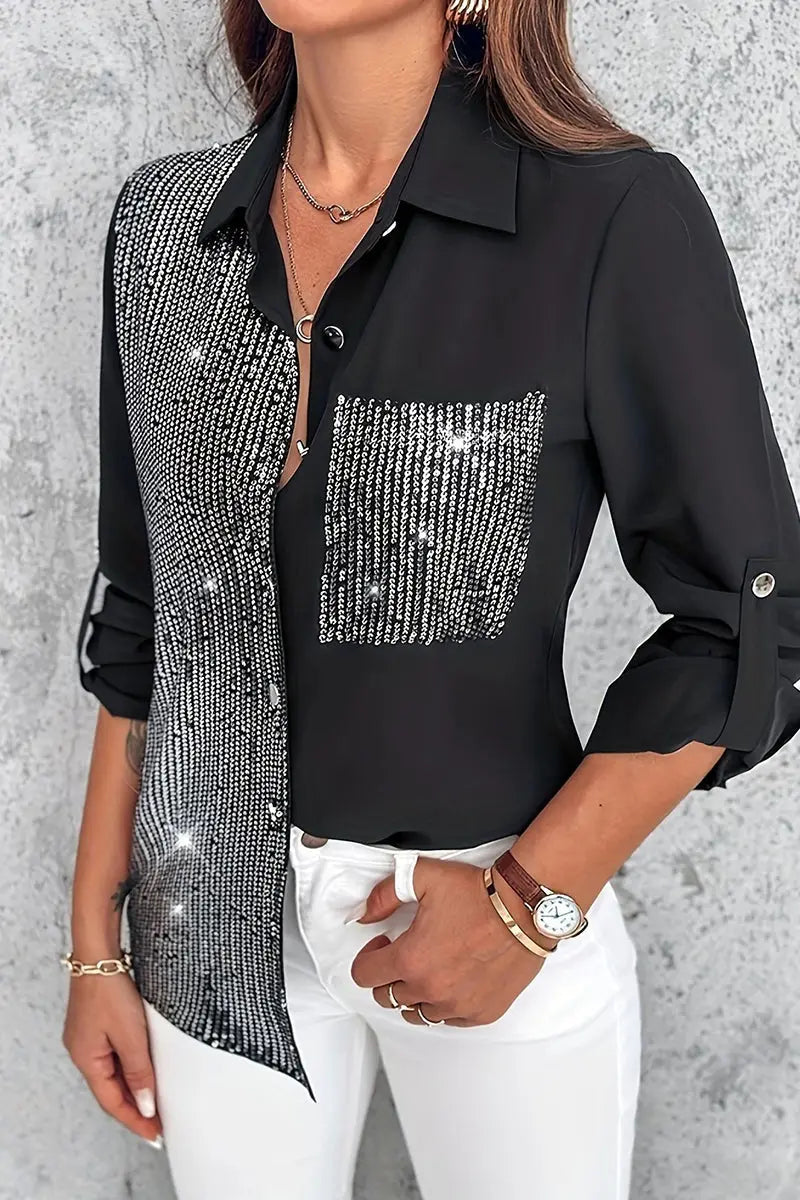 Legere Bluse mit Pailletten-Tasche und Kontrast-Design für Frauen Mivona