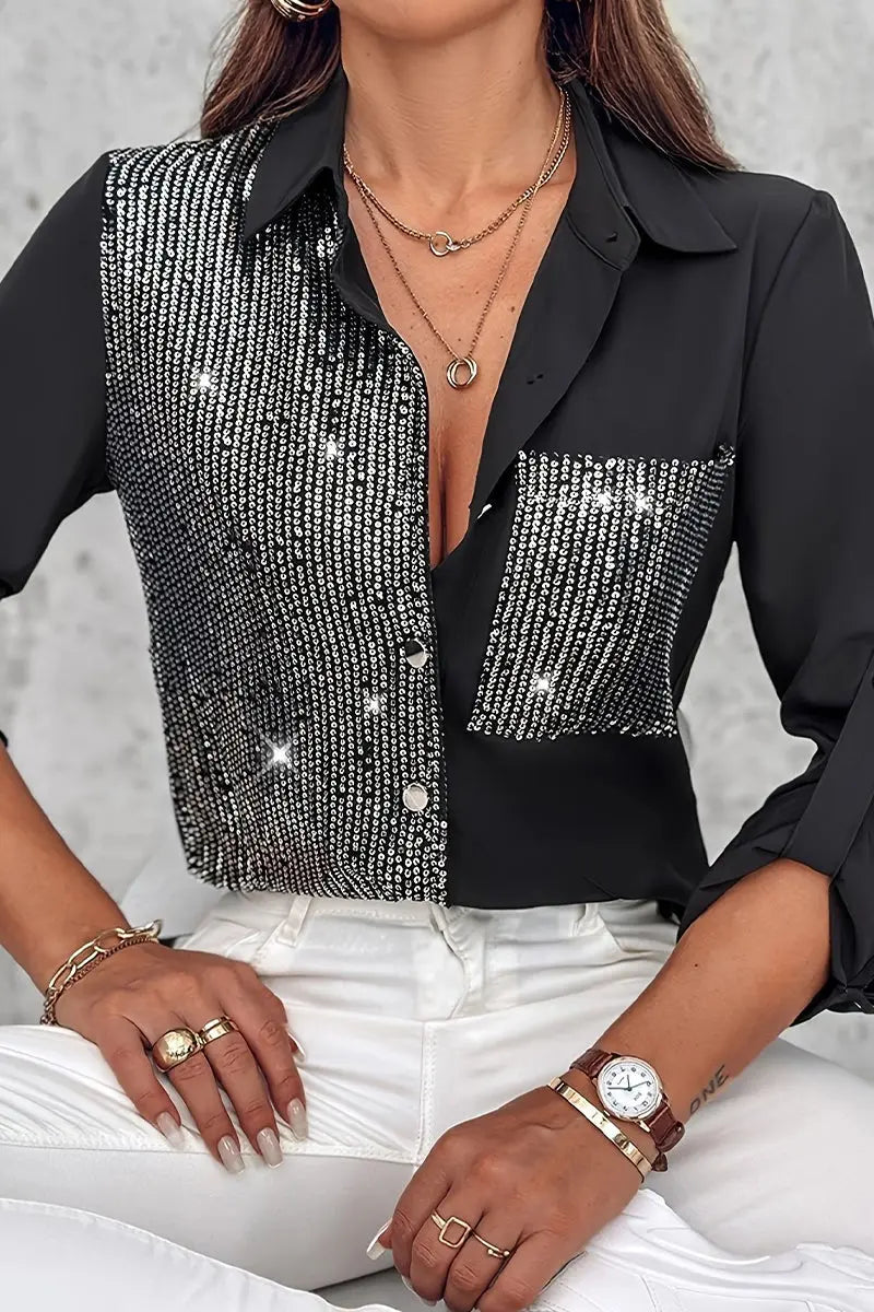 Legere Bluse mit Pailletten-Tasche und Kontrast-Design für Frauen Mivona
