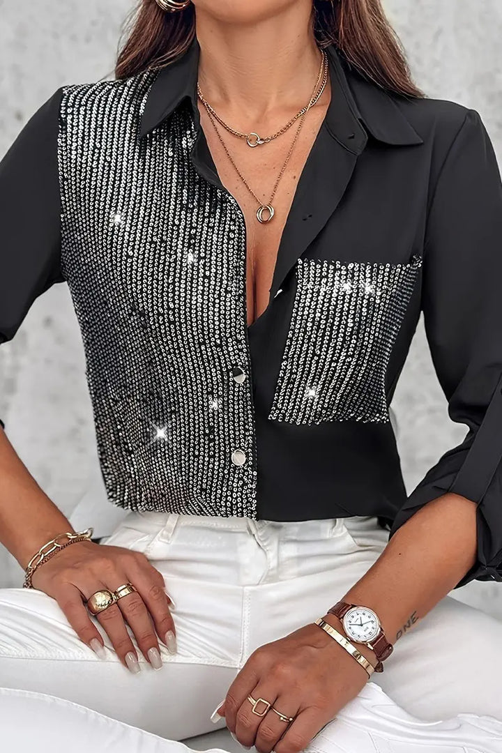 Legere Bluse mit Pailletten-Tasche und Kontrast-Design für Frauen Mivona