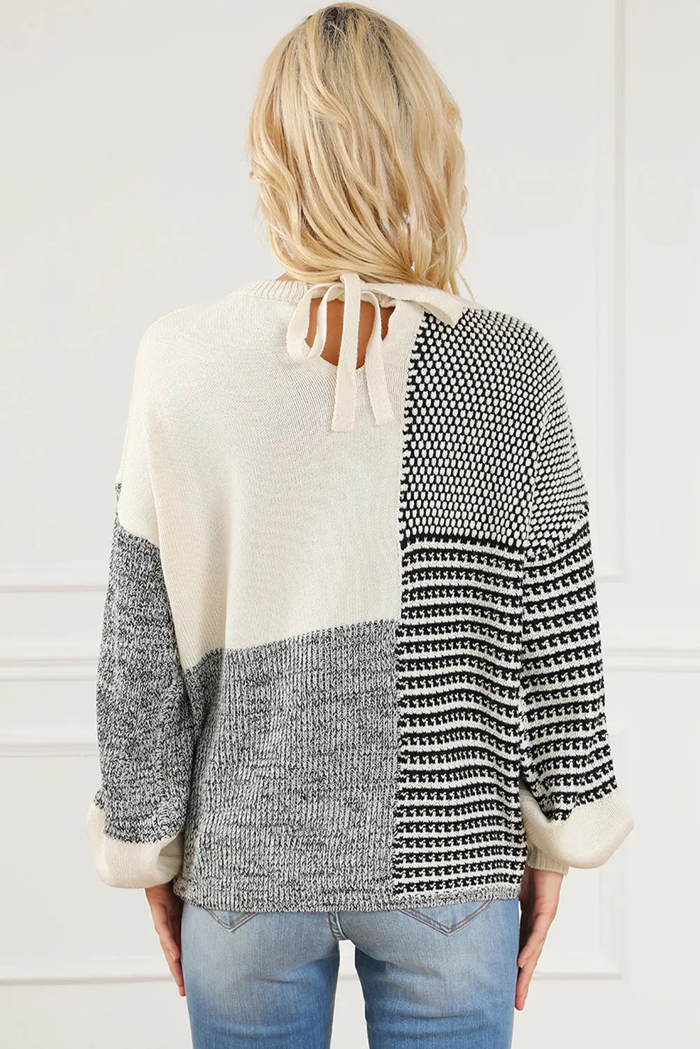 Schwarzer Colorblock-Pullover Mit Schleife Am Rücken Für Frauen Mivona