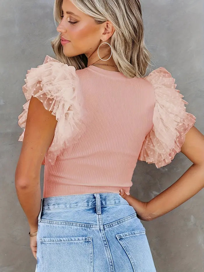 Mesh T Shirt mit gepunktetem Volant für romantische Leichtigkeit für Frauen Mivona
