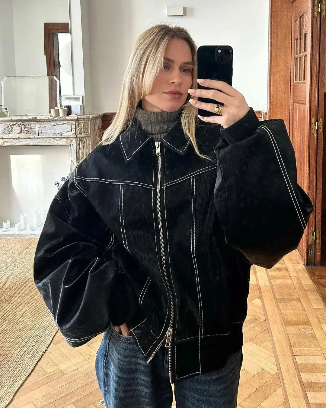 Oversized Vintage Jacke im Leder Look Für Frauen Mivona