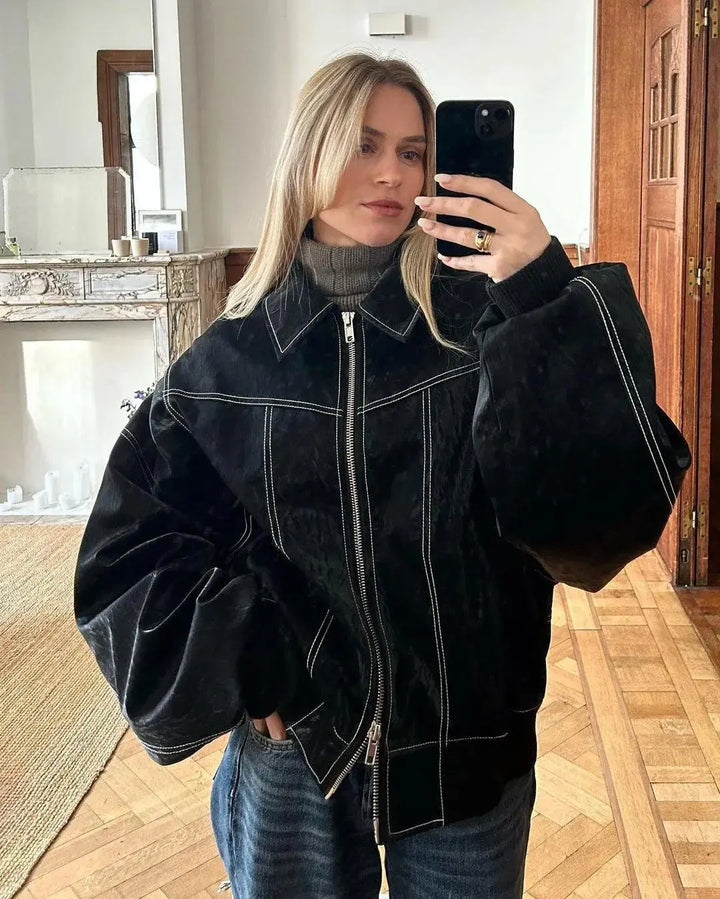Oversized Vintage Jacke im Leder Look Für Frauen Mivona