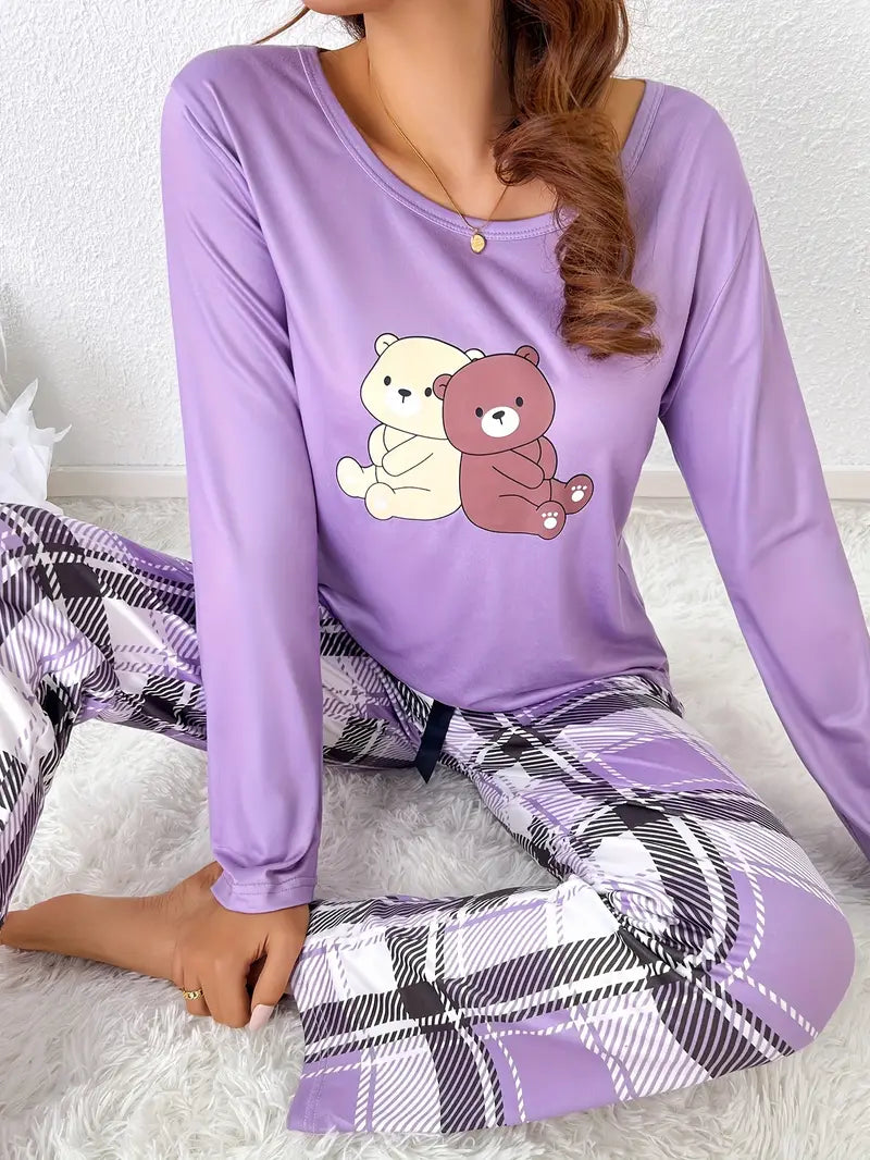 Gemütliches Pyjama-Set mit Cartoon-Bärenprint Für Frauen Mivona