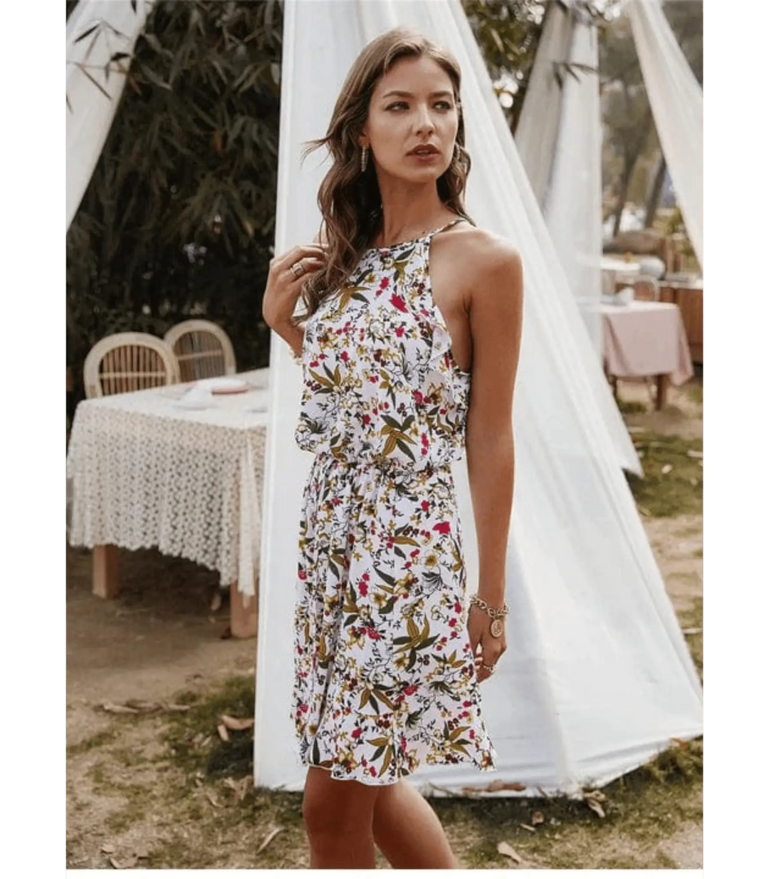 Schickes Blumenmuster Halterneck Minikleid Für Frauen Mivona