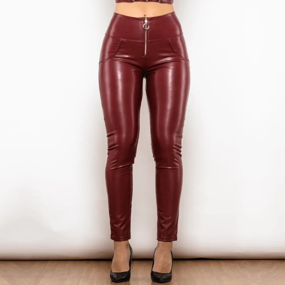 Rote Leder High Waist Enganliegende Hose für Frauen Mivona