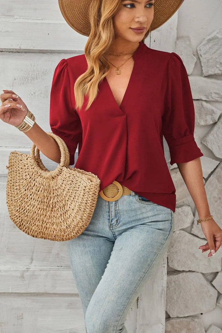 Schicke Bluse mit Halbarm und V Ausschnitt mit Schlitz Für Frauen Mivona