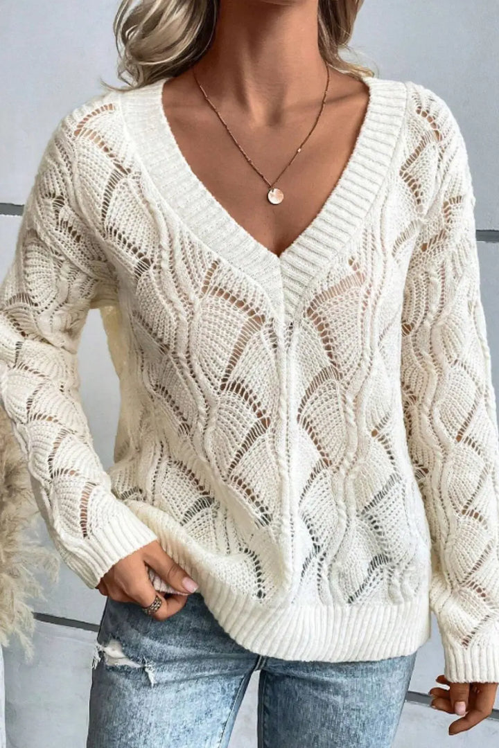 V-Ausschnitt-Strickpullover Mit Lochmuster Für Frauen Mivona