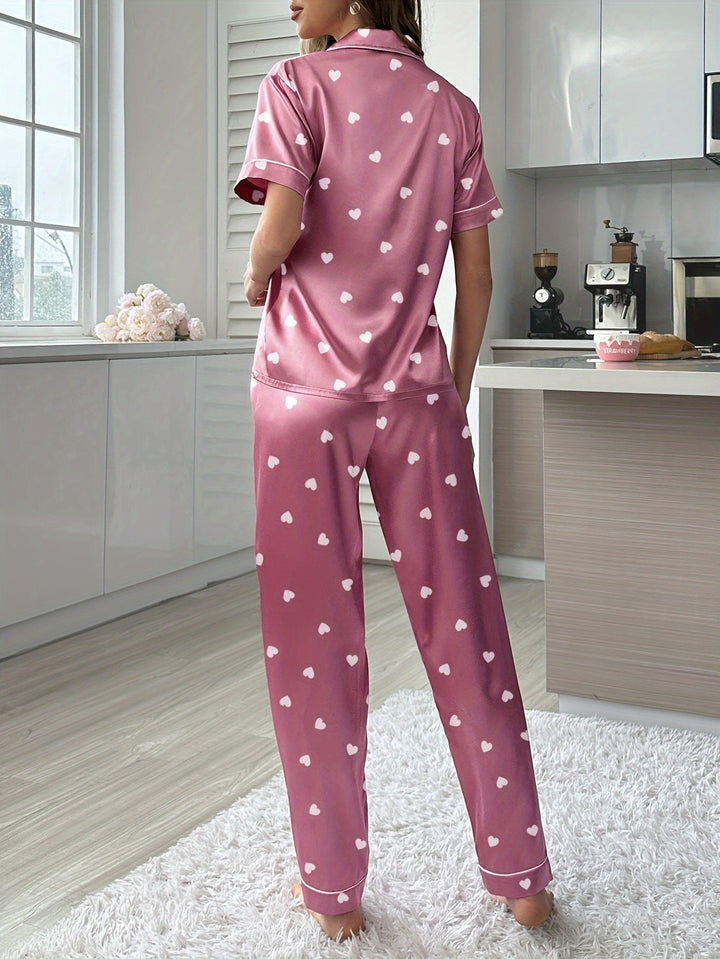 Satinschlafanzug Set mit Kurzarm und Elastischer Hose für Frauen