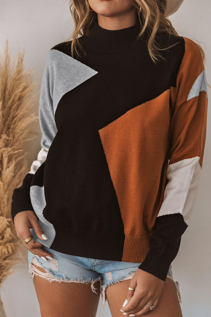 Oranger Strickpullover Mit Stehkragen Und Colorblock-Design Für Frauen Mivona