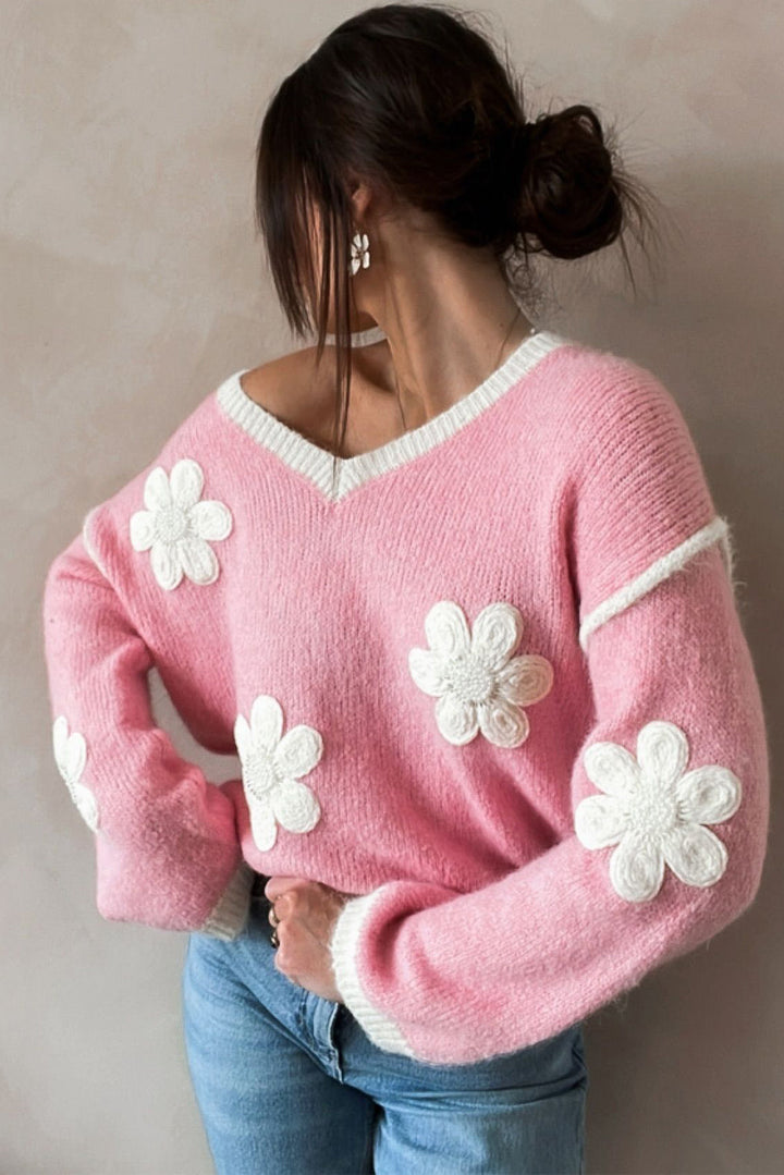 Rosa Strickpullover Mit Blumenmuster Und V-Ausschnitt Für Frauen Mivona