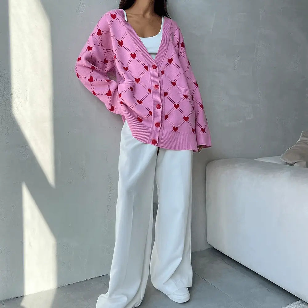 Oversize Strickjacke mit Knopfleiste und Herzmuster für Frauen Mivona