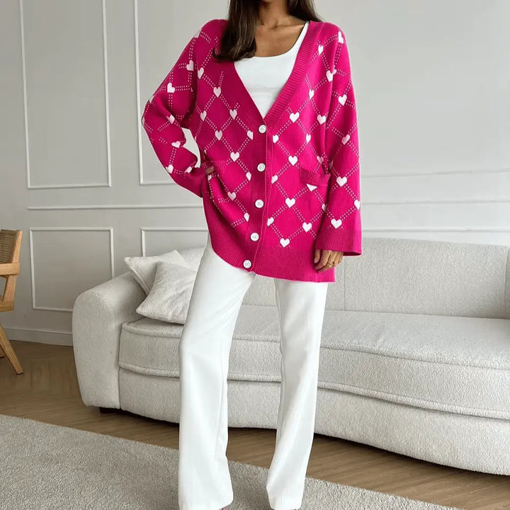 Oversize Strickjacke mit Knopfleiste und Herzmuster für Frauen Mivona