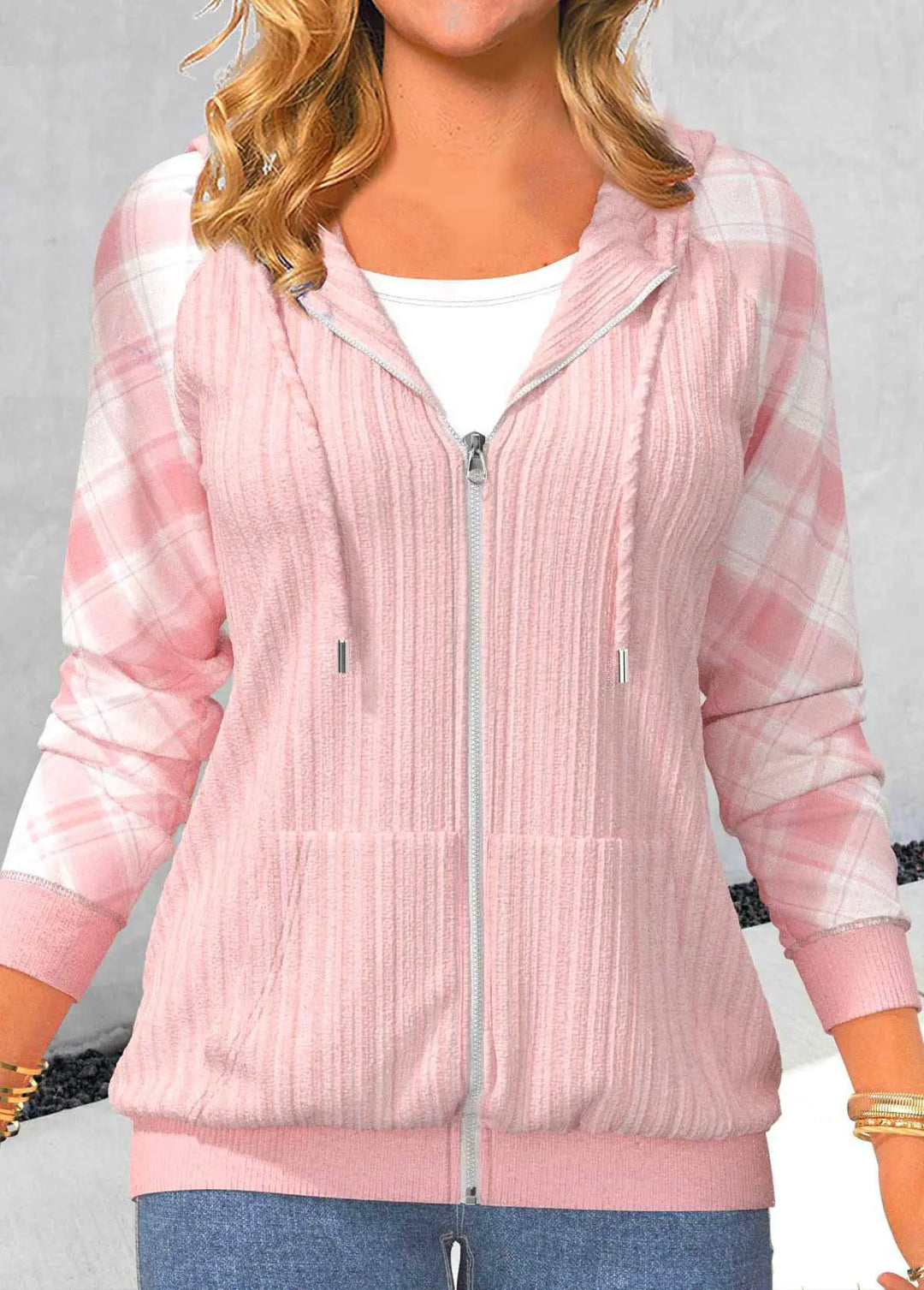 Hellrosa Hoodie Mit Patchwork-Karomuster Für Frauen Mivona