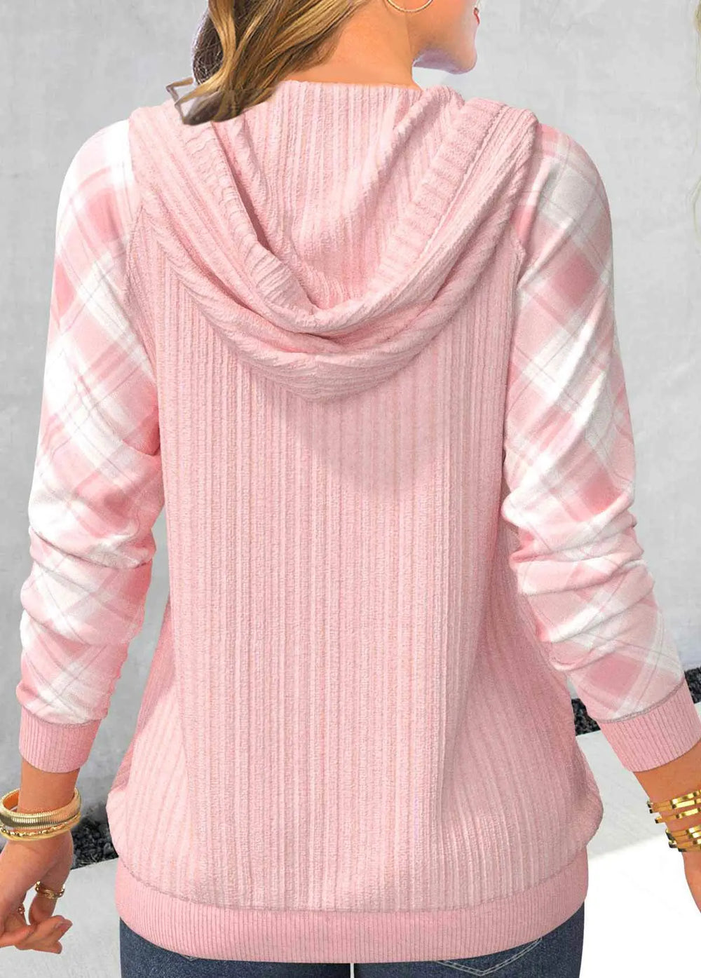 Hellrosa Hoodie Mit Patchwork-Karomuster Für Frauen Mivona