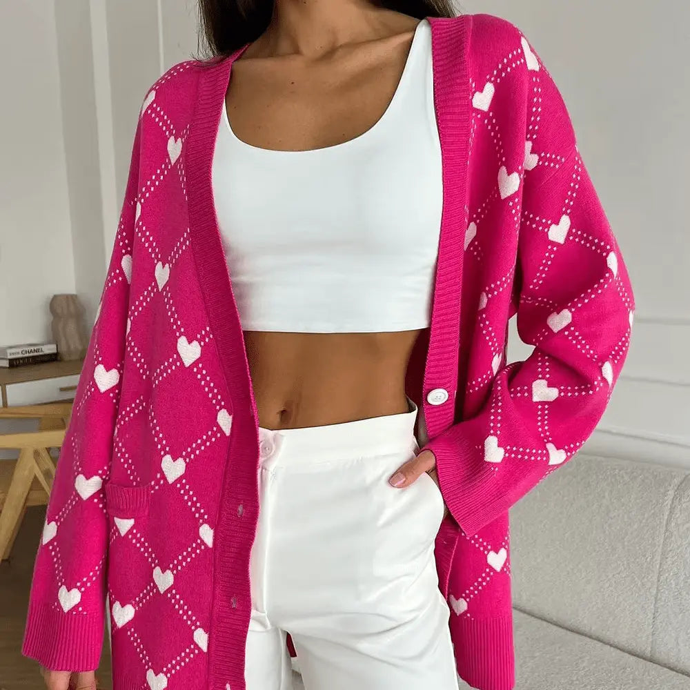 Oversize Strickjacke mit Knopfleiste und Herzmuster für Frauen Mivona