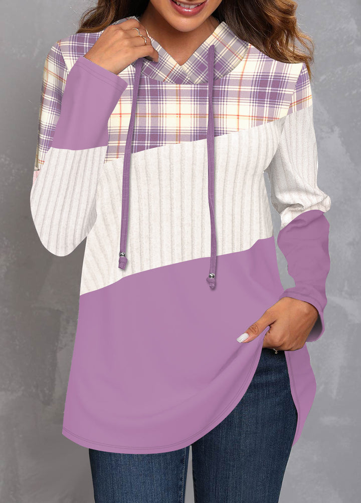 Trendiges Plaid-Patchwork-Pullover Mit Kapuze In Lila Für Frauen Mivona