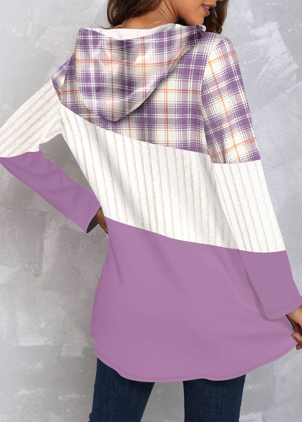 Trendiges Plaid-Patchwork-Pullover Mit Kapuze In Lila Für Frauen Mivona