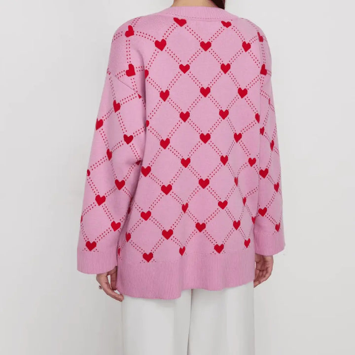 Oversize Strickjacke mit Knopfleiste und Herzmuster für Frauen Mivona
