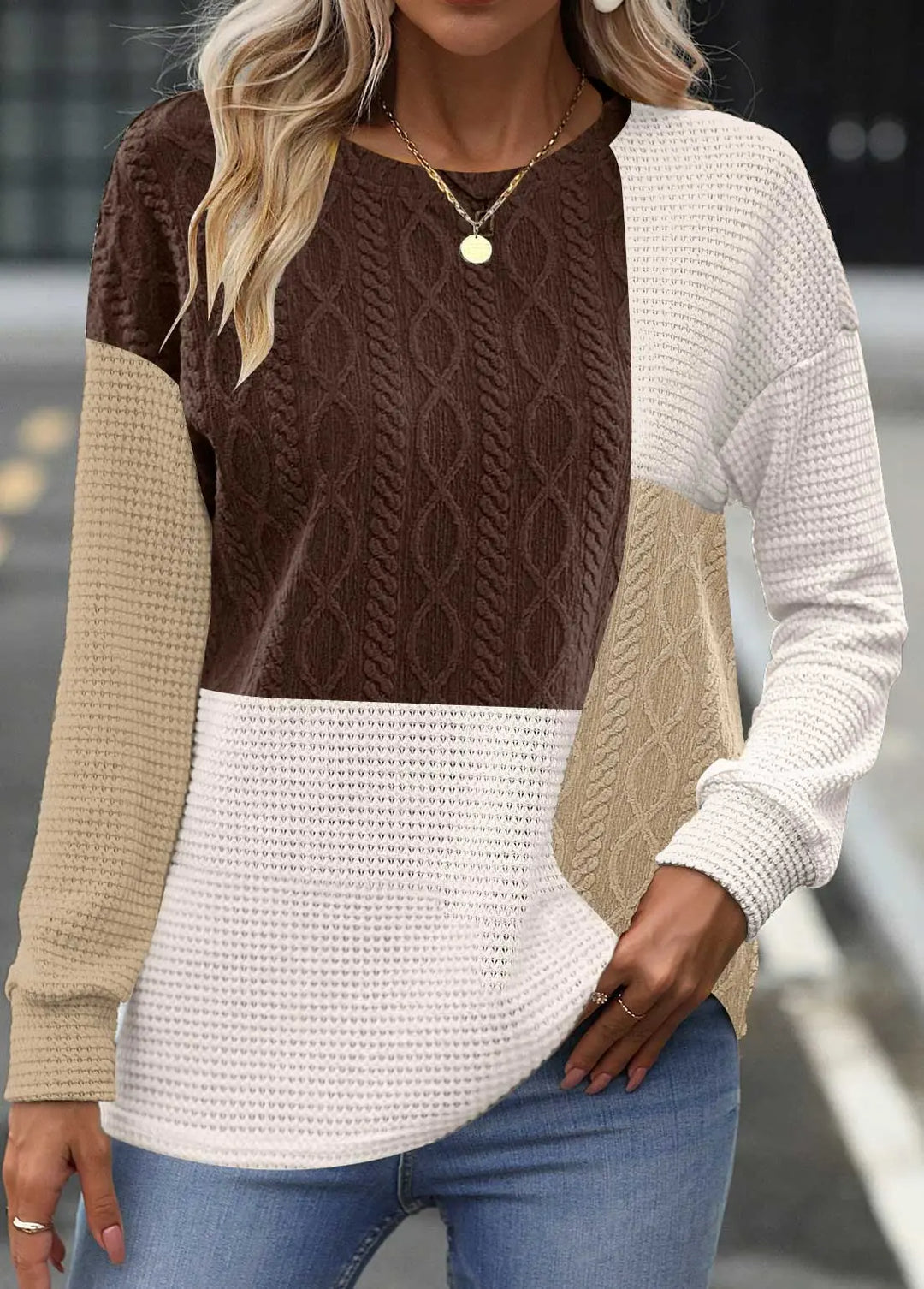 Stilvolles Rundhals-Sweatshirt Mit Langem Patchwork-Ärmel Für Frauen Mivona
